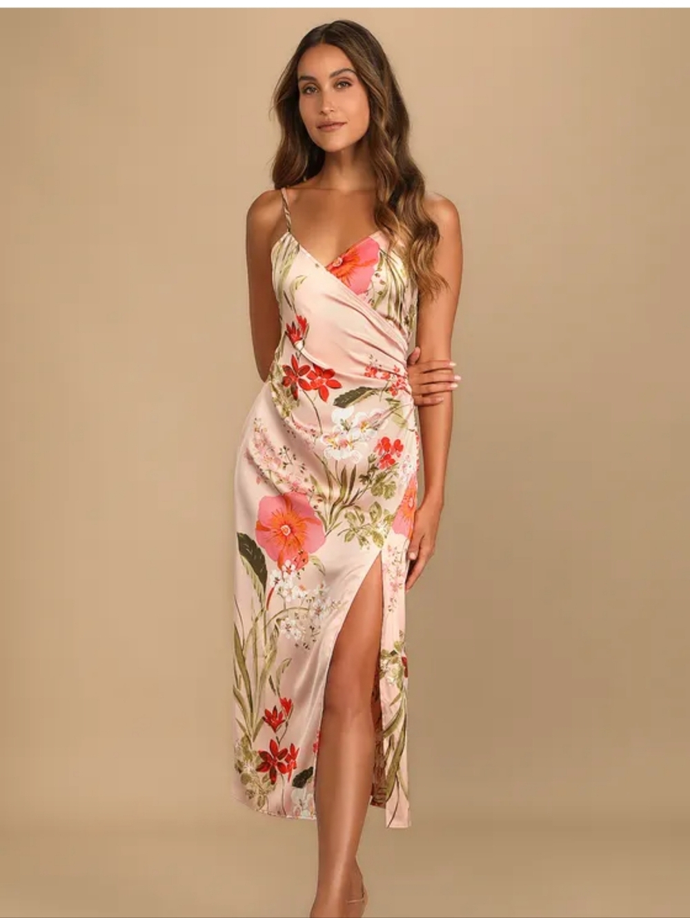 Lulus Pink Floral Print Satin Midi Dress